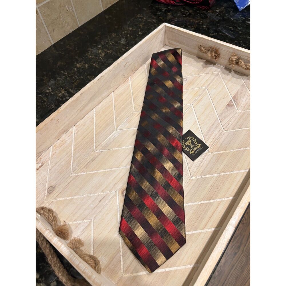 NWT Dion Signature Tie Men Burgundy Gold Stripe Italian Silk Handcrafted READ